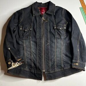 Baby Phat Black Denim Jacket Leopard Print Trim Y2K Zip Up Gold Cat Logo 1X